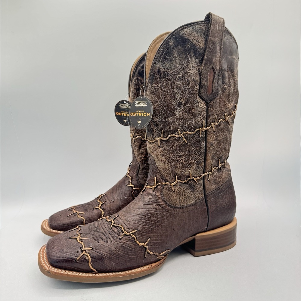 Corral Exotic Ostrich Barbed Wire Boots Men's Size 8.5 D Brown Leather Genuine